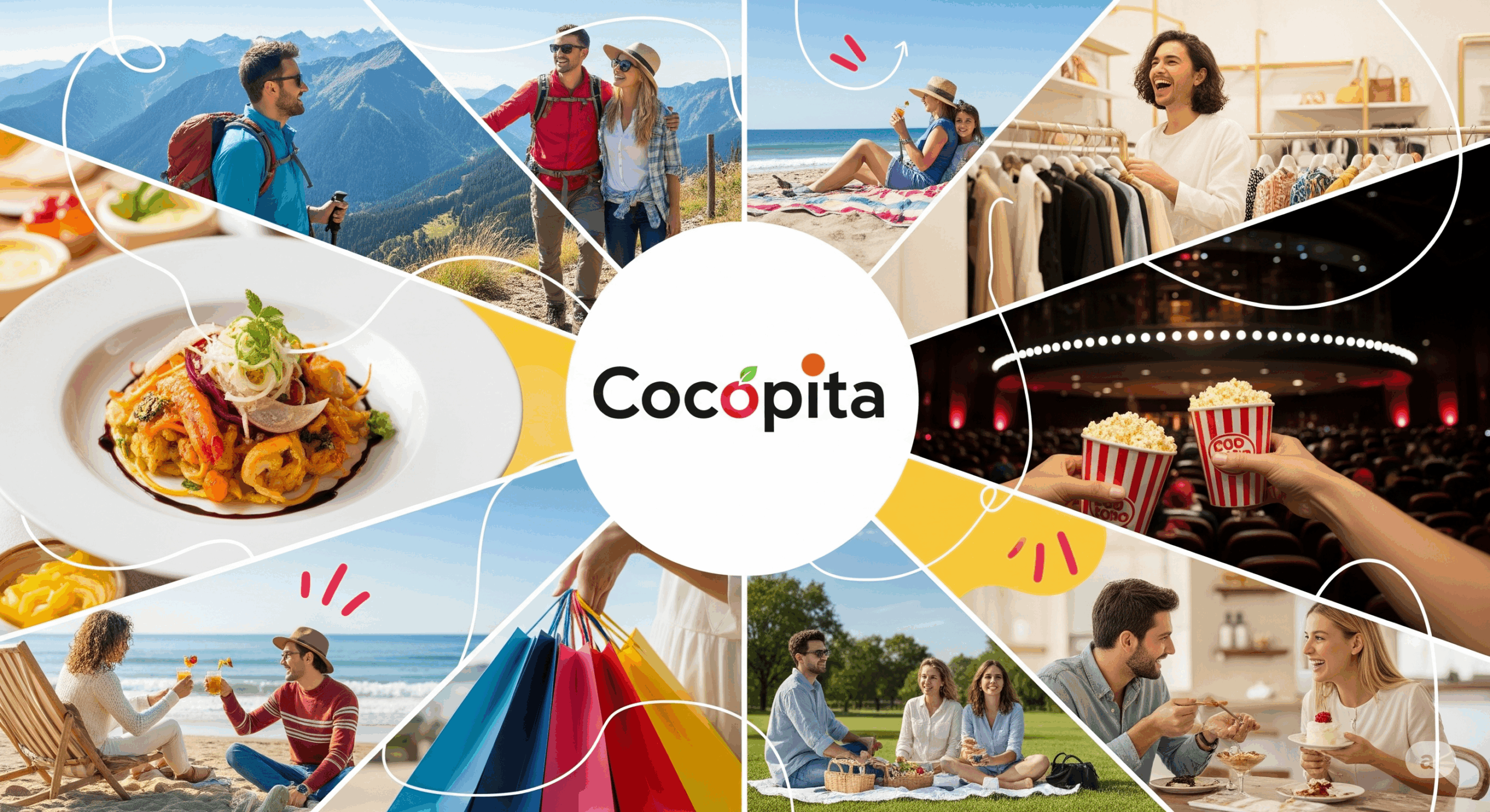 月額800円で20万件の優待が使える会員制サービス「CocoPiTA（ココピタ）」のイメージ画像。旅行、グルメ、ショッピング、映画鑑賞など、楽しそうなライフスタイルをコラージュで表現